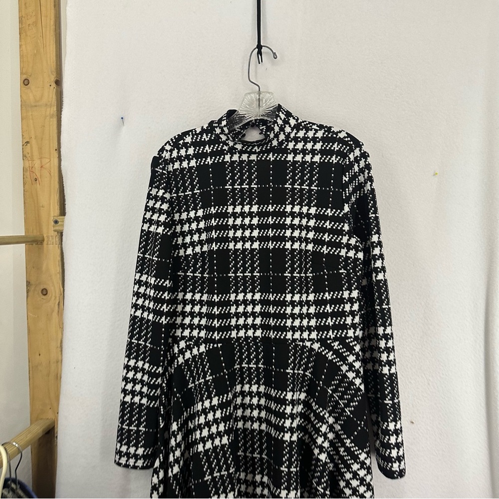 Long Aline Plaid Mock Neck Long Sleeve Dress Business Attire‎ Work Large Black - Picture 2 of 9
